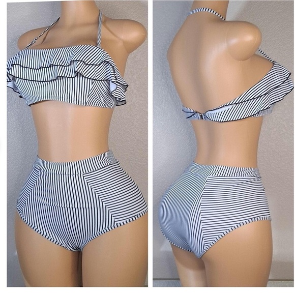 2Piece Bikini Set Stripe‎ Full Coverage Swimsuit Tummy Control Padded S - Picture 2 of 4